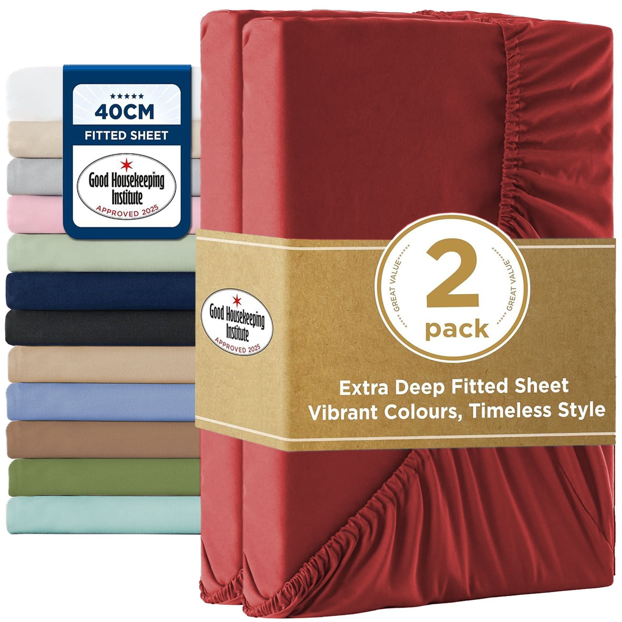 2000TC Hotel Quality Fitted Sheets - 2 Piece Fitted Sheets -Breathable Bedding - Wrinkle, Fade, Stain Resistant- 16inch/40cm Deep Pocket Fitted Bed Sheets-Wrinkle and Fade Resistant,(Red,Queen)